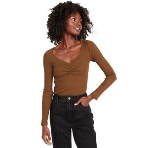 ❤️ HEY BABE ruched brown ribbed long sleeve Bodysuit Size S